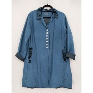 Robin Kaplan Silk Coat Med/2 Blue Velvet Trim Art to Wear Lagenlook Artisan